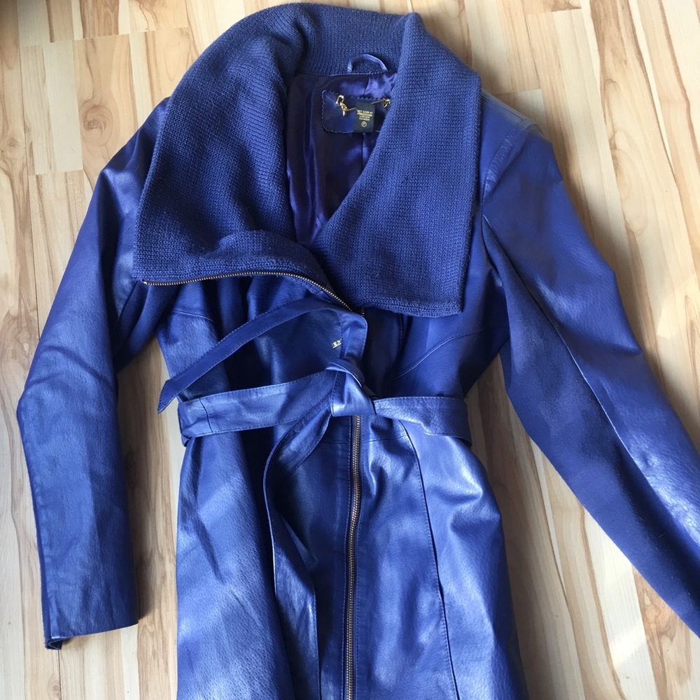 IMAN Royal-Blue leather zip coat w/ knit cowl neck